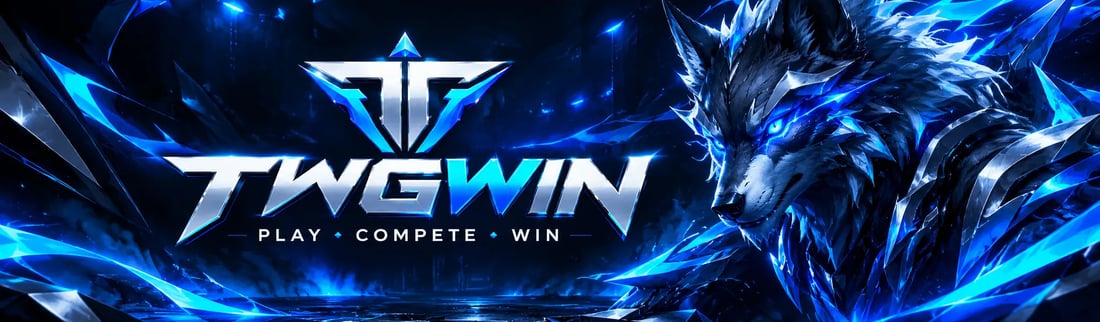 Banner TWGWIN e-sport dengan logo silver biru elektrik dan maskot serigala futuristik. 